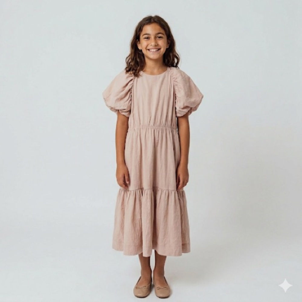 UNLABEL Megan Dress midi tiered pouf balloon sleeve pink salmon Easter Pesach